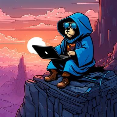 Go Blue Gopher as a Jedi Cyberpunk sits atop the tallest mountain, computer in lap, surveying the digital landscape below.