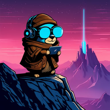 Go Blue Gopher as a Jedi Cyberpunk sits atop the tallest mountain, computer in lap, surveying the digital landscape below.