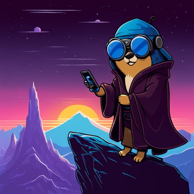 Go Blue Gopher as a Jedi Cyberpunk sits atop the tallest mountain, computer in lap, surveying the digital landscape below.