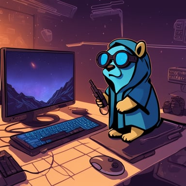 Go Blue Gopher as a Jedi Cyberpunk sits atop the tallest mountain, computer in lap, surveying the digital landscape below.