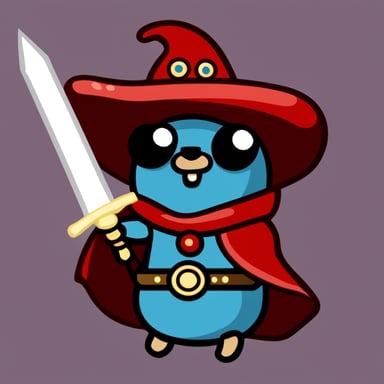 Go Blue Gopher, wearing an ancient coat with a legendary sword.