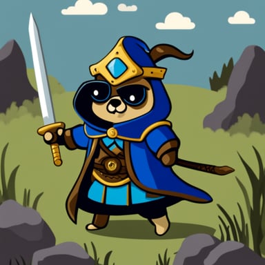 Go Blue Gopher, the legendary warrior with sword and coat.