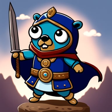 Go Blue Gopher, the legendary warrior with sword and coat.