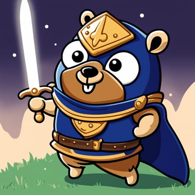 Go Blue Gopher, the legendary warrior with sword and coat.
