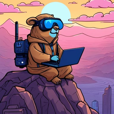 Friendly Go Blue Gopher as a Jedi Cyberpunk sits atop the tallest mountain, computer in lap, surveying the digital landscape below.