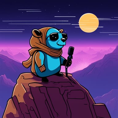 Friendly Go Blue Gopher as a Jedi Cyberpunk sits atop the tallest mountain, computer in lap, surveying the digital landscape below.