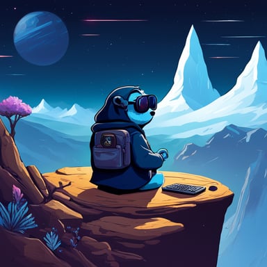 Friendly Go Blue Gopher as a Jedi Cyberpunk sits atop the tallest mountain, computer in lap, surveying the digital landscape below.