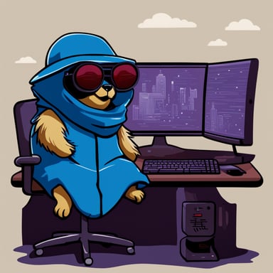 Friendly Go Blue Gopher as a Jedi Cyberpunk sits atop the tallest mountain, computer in lap, surveying the digital landscape below.