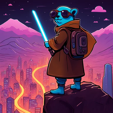 Go Blue Gopher as a Jedi Cyberpunk sits atop the tallest mountain, surveying the digital landscape below.