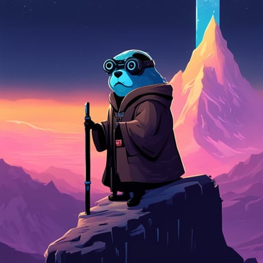 Go Blue Gopher as a Jedi Cyberpunk sits atop the tallest mountain, surveying the digital landscape below.