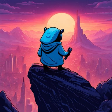 Go Blue Gopher as a Jedi Cyberpunk sits atop the tallest mountain, surveying the digital landscape below.
