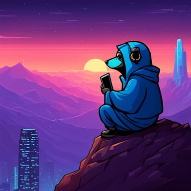 Go Blue Gopher as a Jedi Cyberpunk sits atop the tallest mountain, surveying the digital landscape below.
