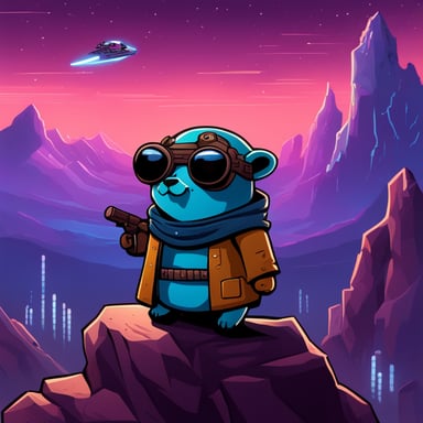 Go Blue Gopher as a Jedi Cyberpunk sits atop the tallest mountain and looks at the sky full of meteorites.