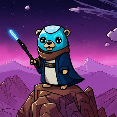 Go Blue Gopher as a Jedi Cyberpunk sits atop the tallest mountain and looks at the sky full of meteorites.
