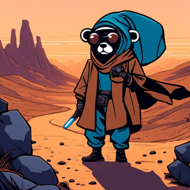 Go Blue Gopher, as a Jedi Cyberpunk, walks alone in a melancholic landscape.