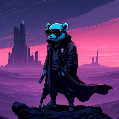 Go Blue Gopher, as a Jedi Cyberpunk, walks alone in a melancholic landscape.