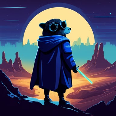 Go Blue Gopher, as a Jedi Cyberpunk, walks alone in a melancholic landscape.