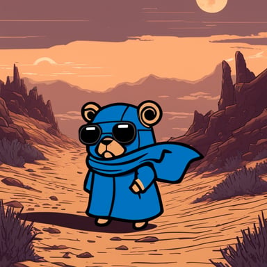 Go Blue Gopher, as a Jedi Cyberpunk, walks alone in a melancholic landscape.