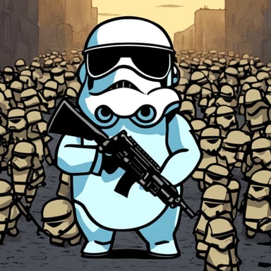 Go Blue Gopher as a storm trooper cyberpunk gopher standing in the middle of a battalion.