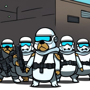 Go Blue Gopher as a storm trooper cyberpunk gopher standing in the middle of a battalion.