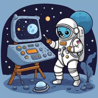 Go Blue Gopher working in space in a cosmonaut suit repairing a space shuttle.