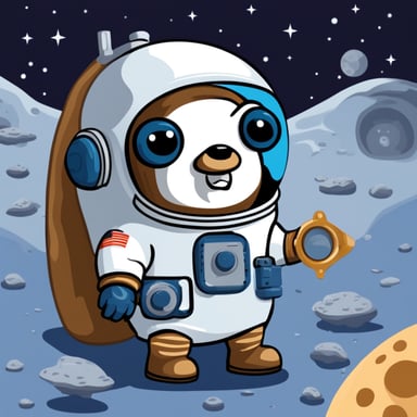 Go Blue Gopher working in space in a cosmonaut suit repairing a space shuttle.