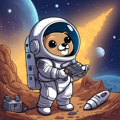 Go Blue Gopher working in space in a cosmonaut suit repairing a space shuttle.