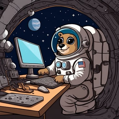 Go Blue Gopher working in space in a cosmonaut suit repairing a space shuttle.