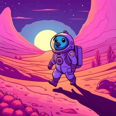 A Go Blue Gopher, dressed in a cosmonaut suit, walks through a melancholic landscape under a sunset.