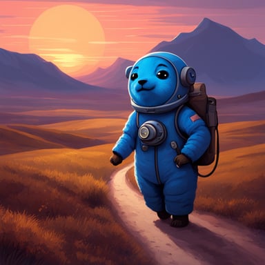 A Go Blue Gopher, dressed in a cosmonaut suit, walks through a melancholic landscape under a sunset.