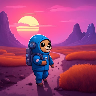 A Go Blue Gopher, dressed in a cosmonaut suit, walks through a melancholic landscape under a sunset.