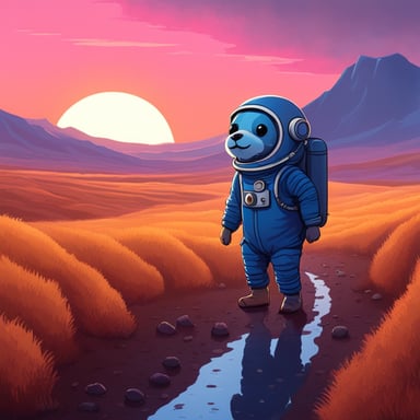 A Go Blue Gopher, dressed in a cosmonaut suit, walks through a melancholic landscape under a sunset.