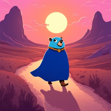 A Go Blue Gopher, dressed with a cape, walks through a melancholic landscape under a sunset.