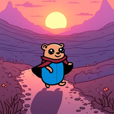 A Go Blue Gopher, dressed with a cape, walks through a melancholic landscape under a sunset.