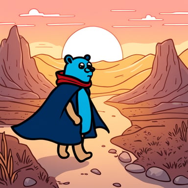 A Go Blue Gopher, dressed with a cape, walks through a melancholic landscape under a sunset.