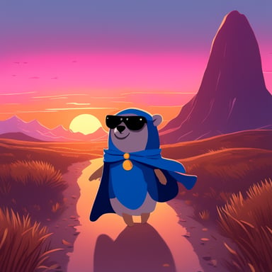 A Go Blue Gopher, dressed with a cape, walks through a melancholic landscape under a sunset.