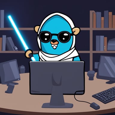Go Blue Gopher as a Jedi facing a huge computer that turned into a rogue AI.