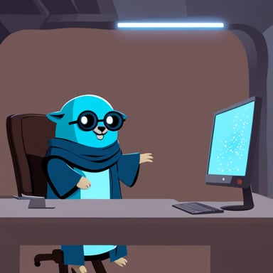 Go Blue Gopher as a Jedi facing a huge computer that turned into a rogue AI.