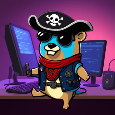 Go Blue Gopher as a cute cyberpunk pirate hacking on a computer