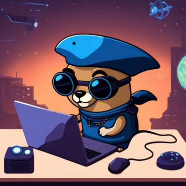 Go Blue Gopher as a cute cyberpunk pirate hacking on a computer