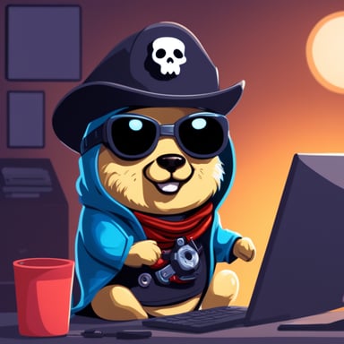 Go Blue Gopher as a cute cyberpunk pirate hacking on a computer