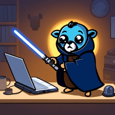 Go Blue Gopher as a Jedi holding a lightsaber and a computer.