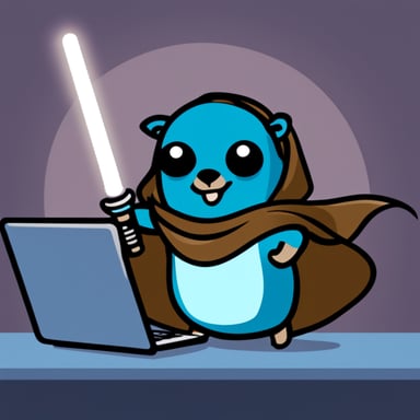 Go Blue Gopher as a Jedi holding a lightsaber and a computer.