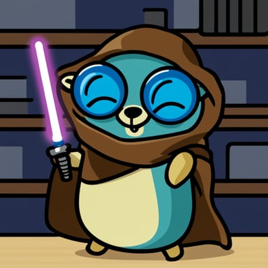 Go Blue Gopher as a Jedi holding a lightsaber and a computer.