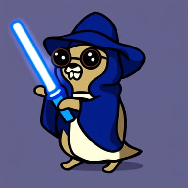 Go Blue Gopher as a Jedi holding a lightsaber and a computer.