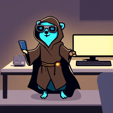 Go Blue Gopher as a cyberpunk Jedi levitating a computer with a single hand like a magician.