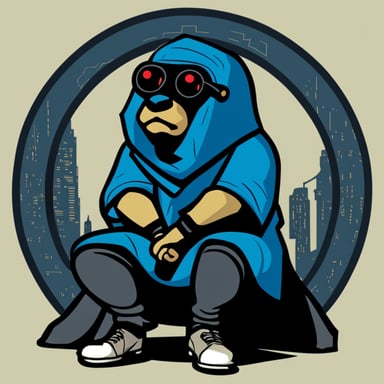 Go Blue Gopher levitates above the ground in deep thought, embodying the essence of a cyberpunk Jedi with legs crossed.