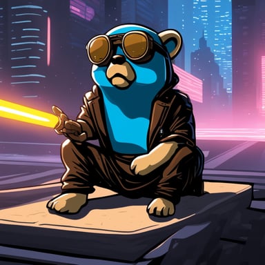 Go Blue Gopher looks far away in deep thought, embodying the essence of a cyberpunk Jedi with legs crossed.