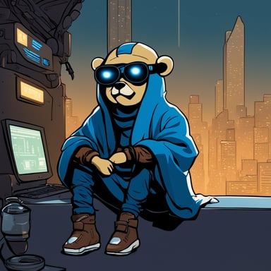 Go Blue Gopher looks far away in deep thought, embodying the essence of a cyberpunk Jedi with legs crossed.