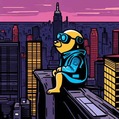 Go Blue Gopher, from the top of the tallest building, embodies a cyberpunk Jedi, legs crossed, lost in deep thought.